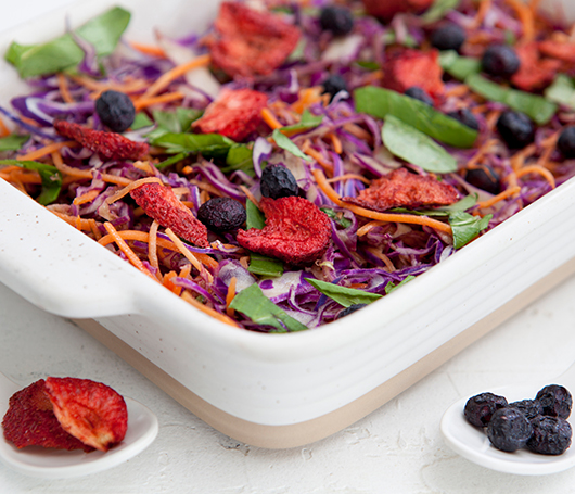 ENSALADA DE REPOLLO MORADO Y ZANAHORIA CON FRUTILLAS Y ARÁNDANOS  DESHIDRATADOS | Hortifrut